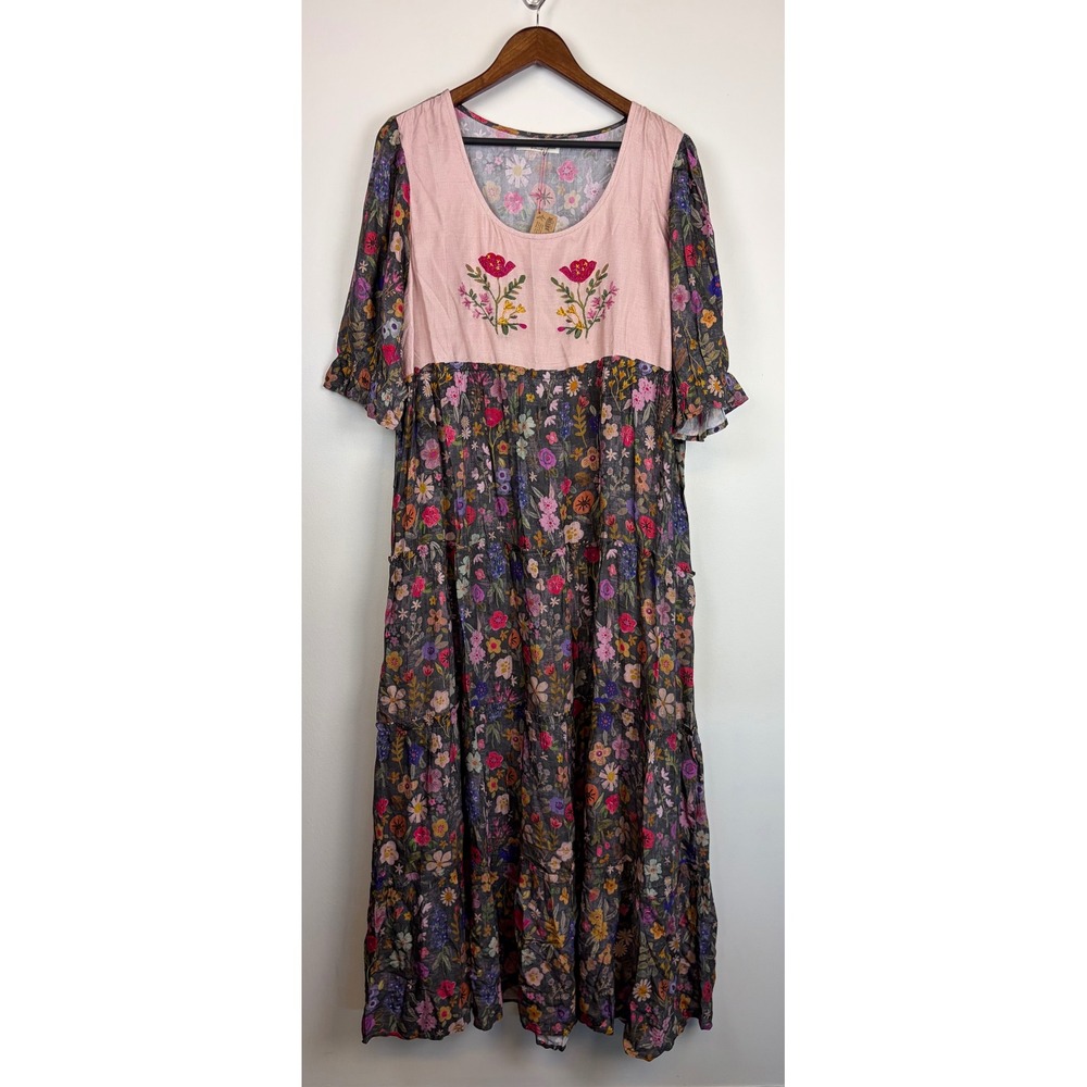 NEW Natural Life Collette Maxi Dress XXL Pink Floral Boho Embroidered Tiered